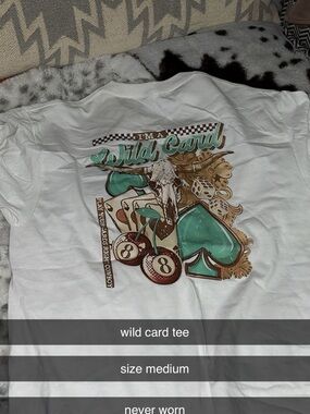 SHEIN White Tee with Teal & Brown Graphic Wild Card Design